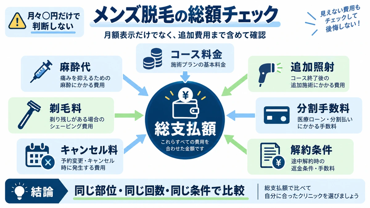 メンズ脱毛の総額に含めて確認したい追加費用の図