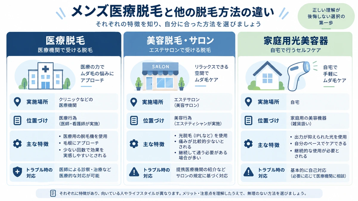メンズ医療脱毛とサロン脱毛・家庭用光美容器の違いを比較した図