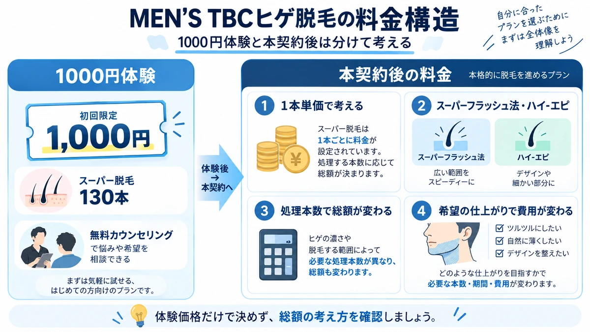 MEN’S TBCヒゲ脱毛の体験価格と通常料金の違いを整理した図