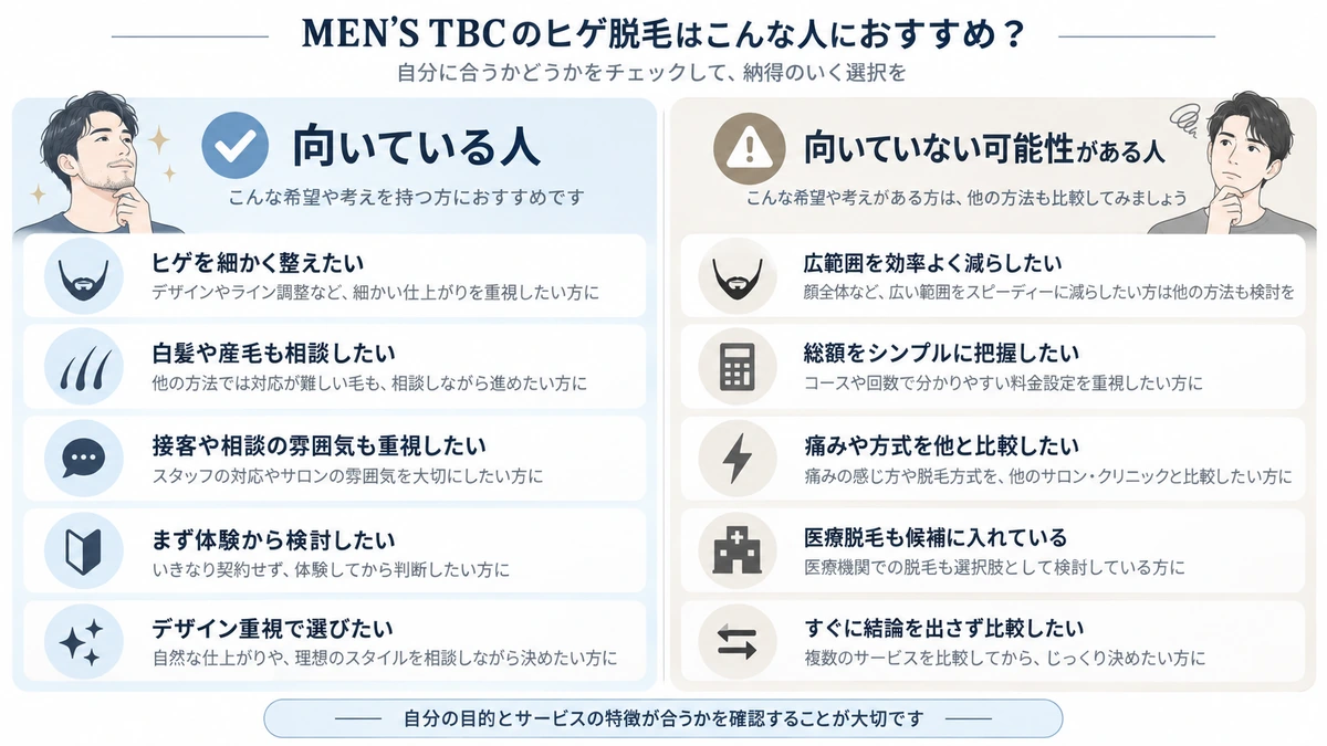 MEN’S TBCヒゲ脱毛が向いている人と向いていない人を整理した図