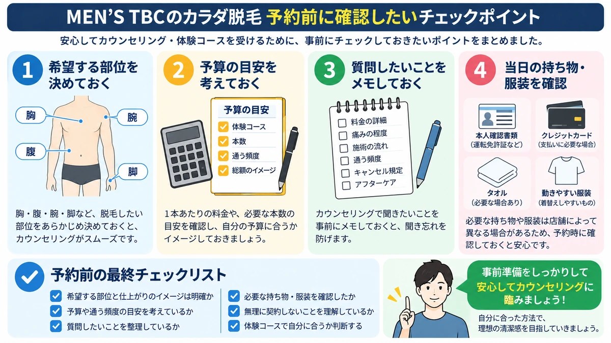 MEN’S TBCカラダ脱毛を予約する前に確認したい5つのこと