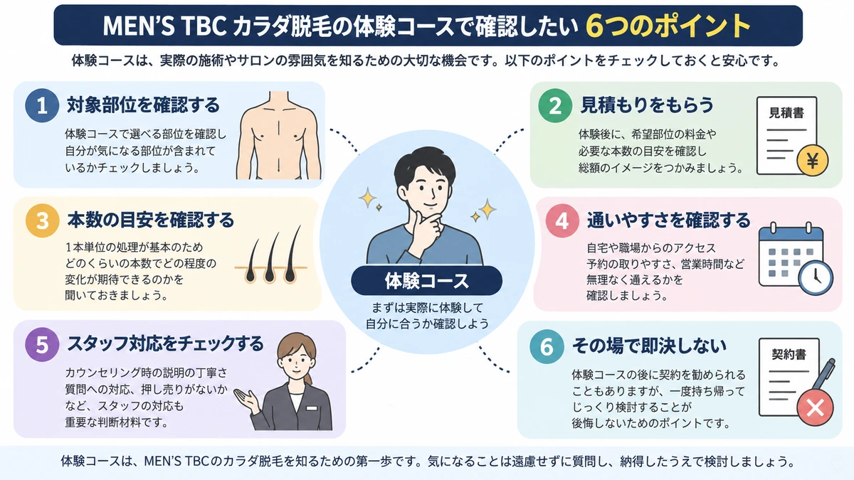 MEN’S TBCカラダ脱毛の体験コースで確認したいポイントを整理した図