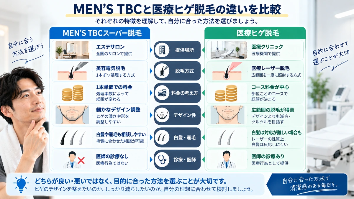 MEN’S TBCヒゲ脱毛と医療ヒゲ脱毛の違いを比較した図