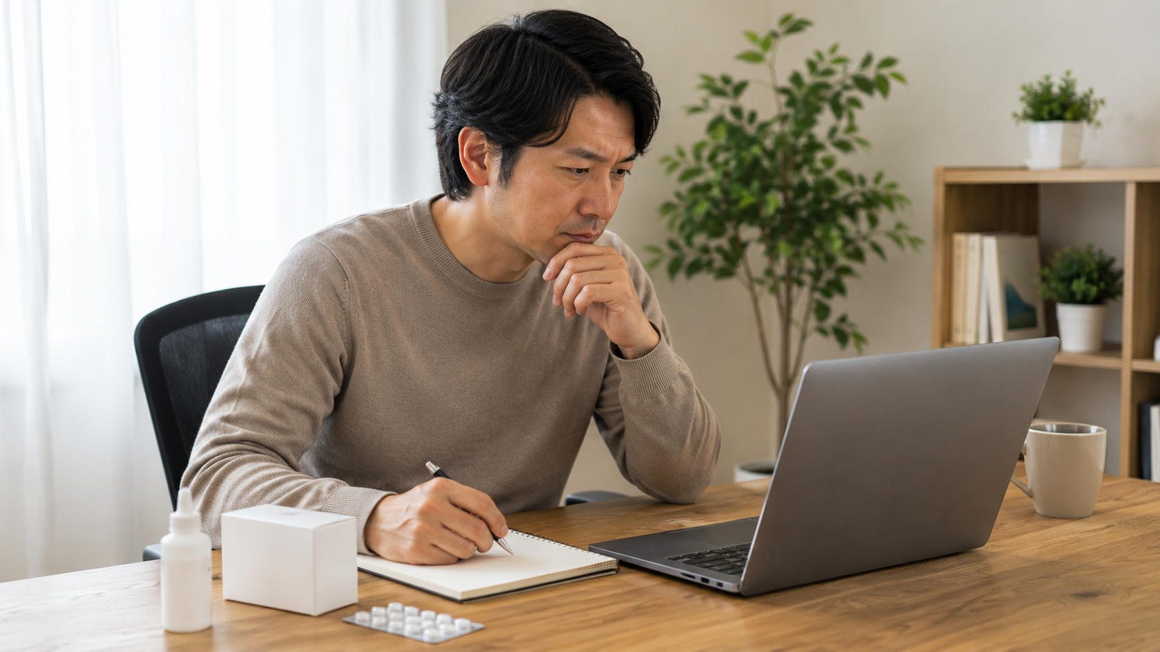 ミノキシジルについてパソコンで調べる男性