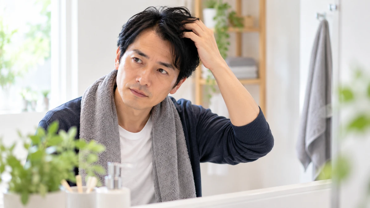 薬用発毛促進剤について調べる男性
