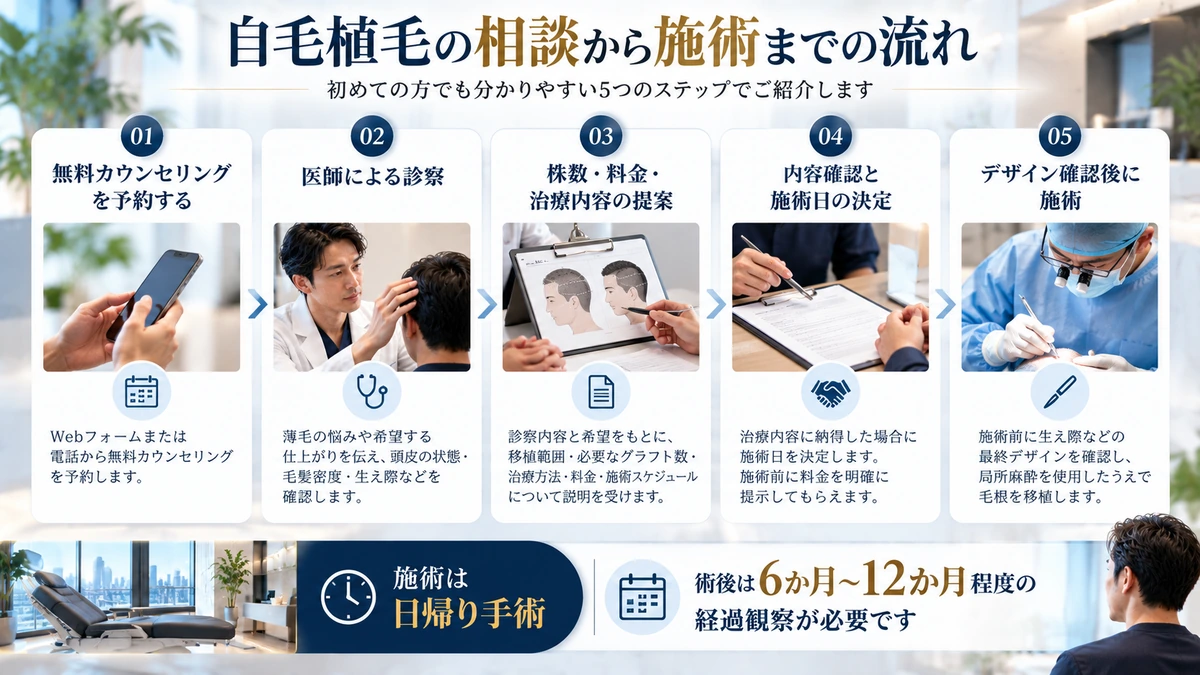 自毛植毛の相談から施術までの流れ図