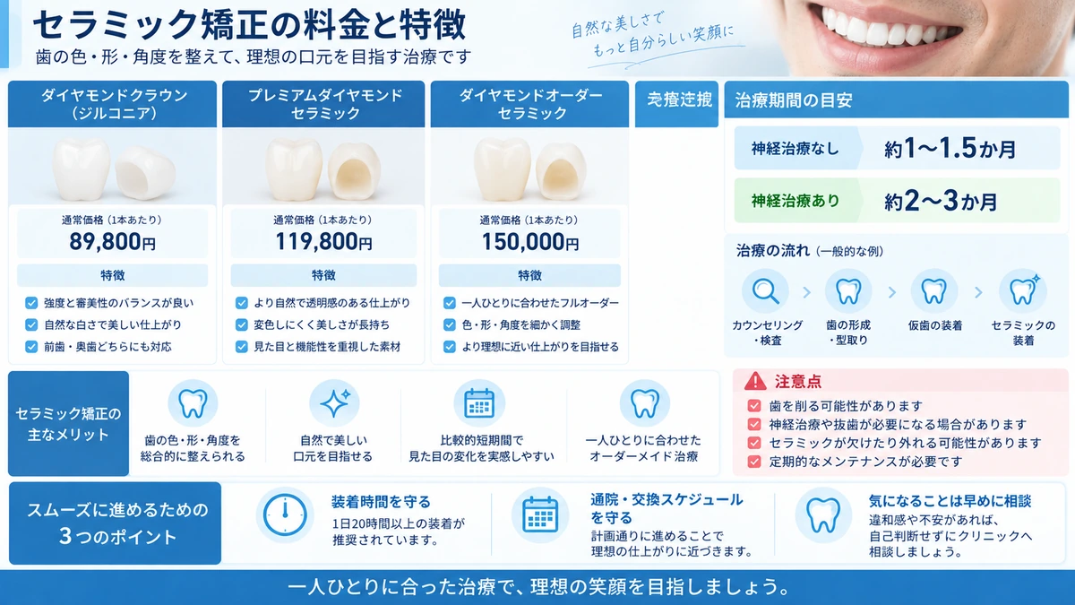 セラミック矯正の料金と特徴を整理した図