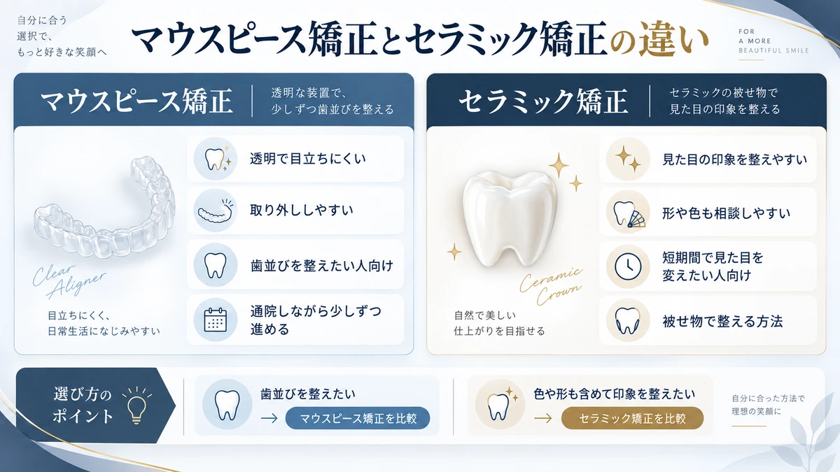 マウスピース矯正とセラミック矯正の違いを比較した図