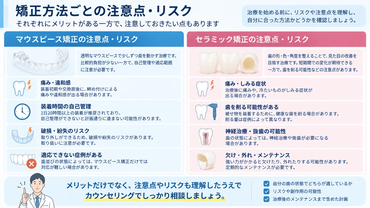 マウスピース矯正とセラミック矯正の注意点やリスクを比較した図