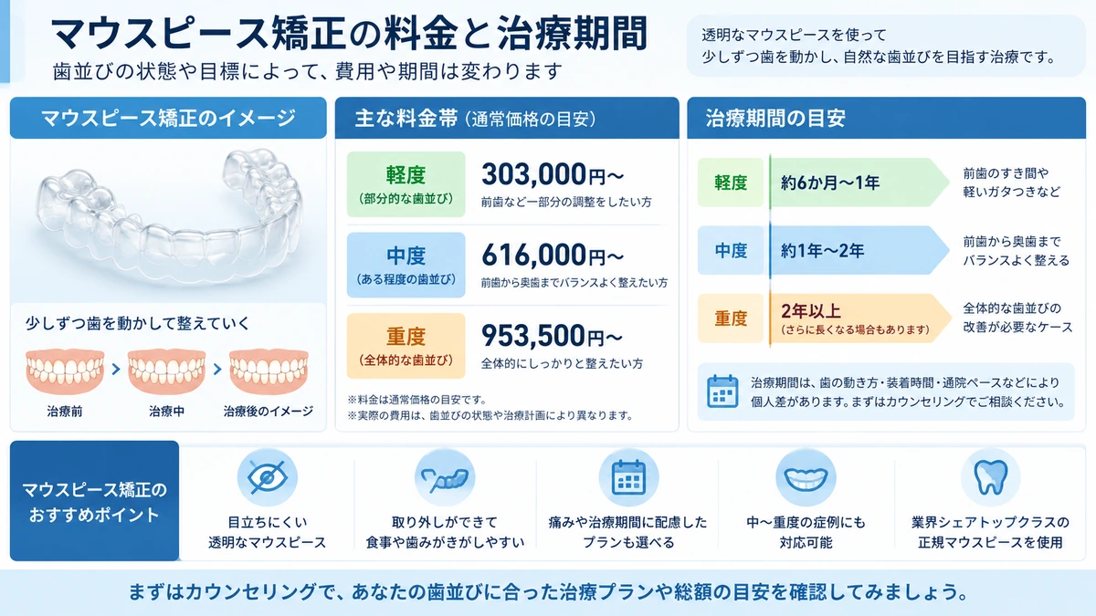 マウスピース矯正の料金帯と治療期間を整理した図