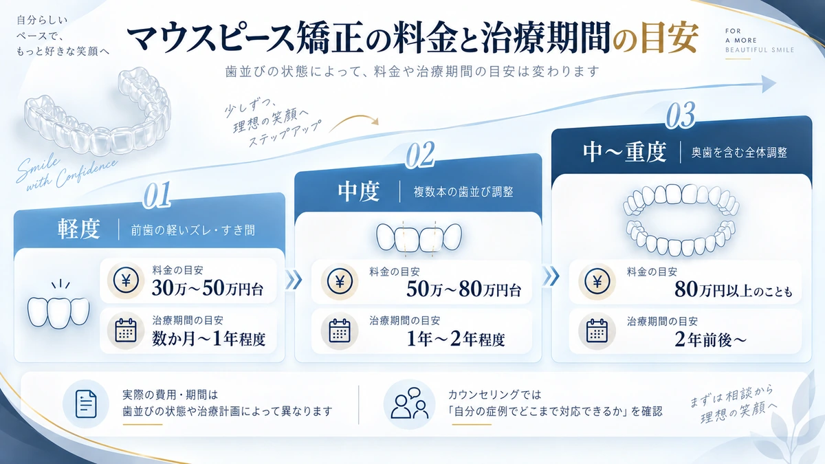 マウスピース矯正の料金と治療期間の目安を整理した図