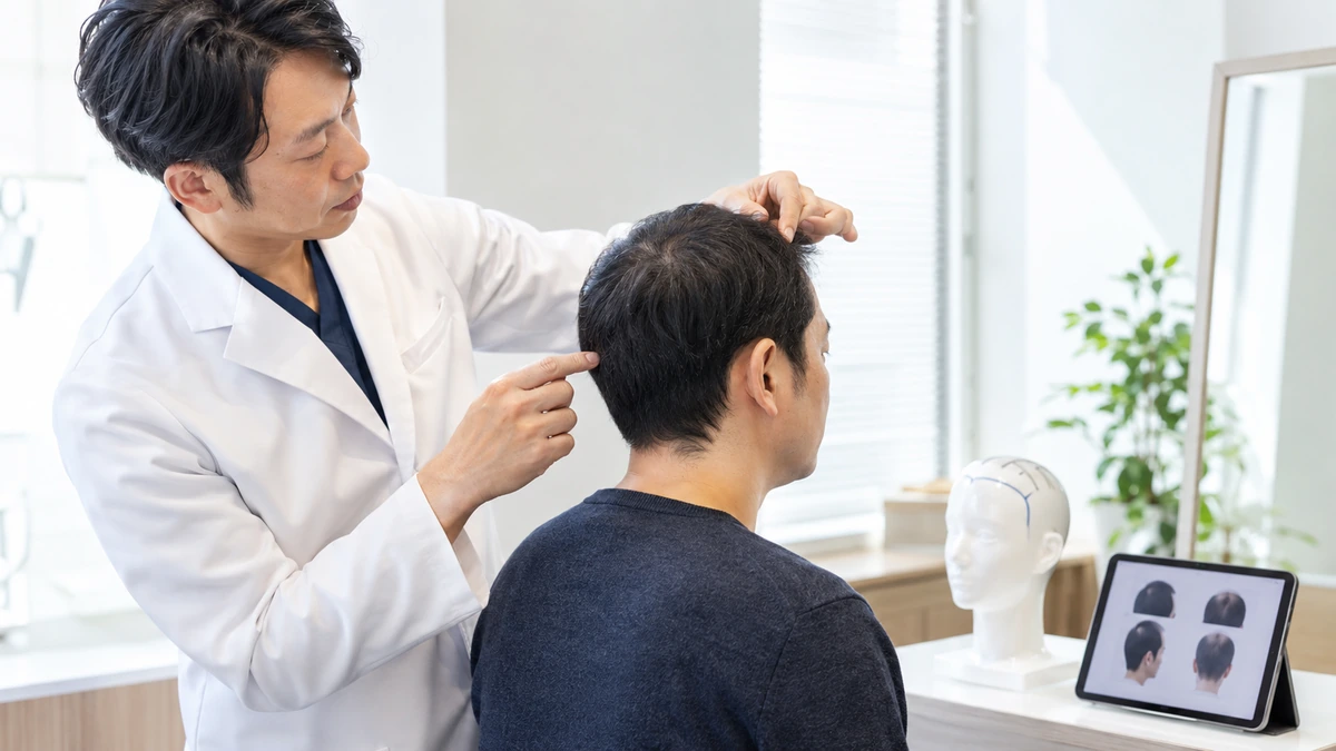 自毛植毛の術式について説明を受ける男性