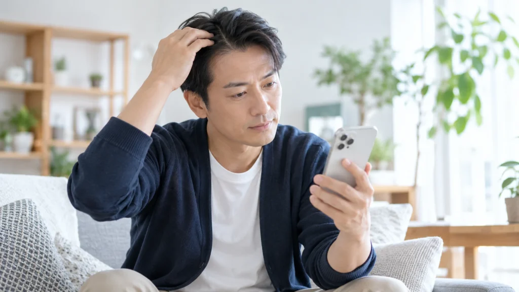 スマホでAGAオンライン診療を検討する男性