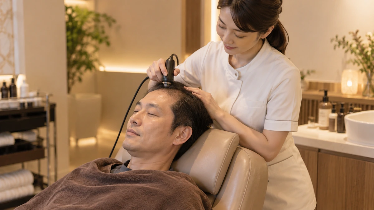 美容機器を使ったスカルプケア施術を受ける女性