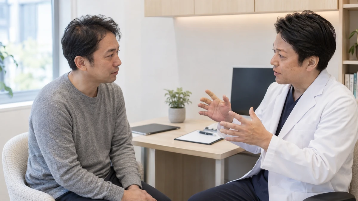 自毛植毛について医師へ相談する男性