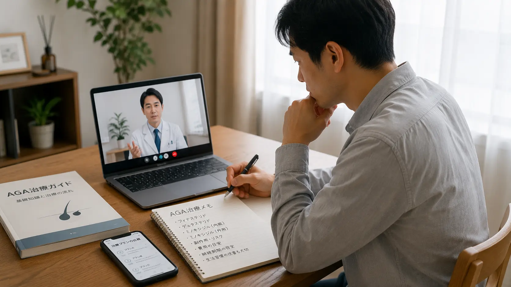 AGAオンライン診療前に確認事項を整理する男性