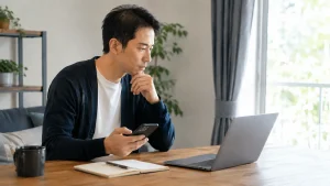 東京オンラインクリニックのAGA診療について自宅で調べる男性