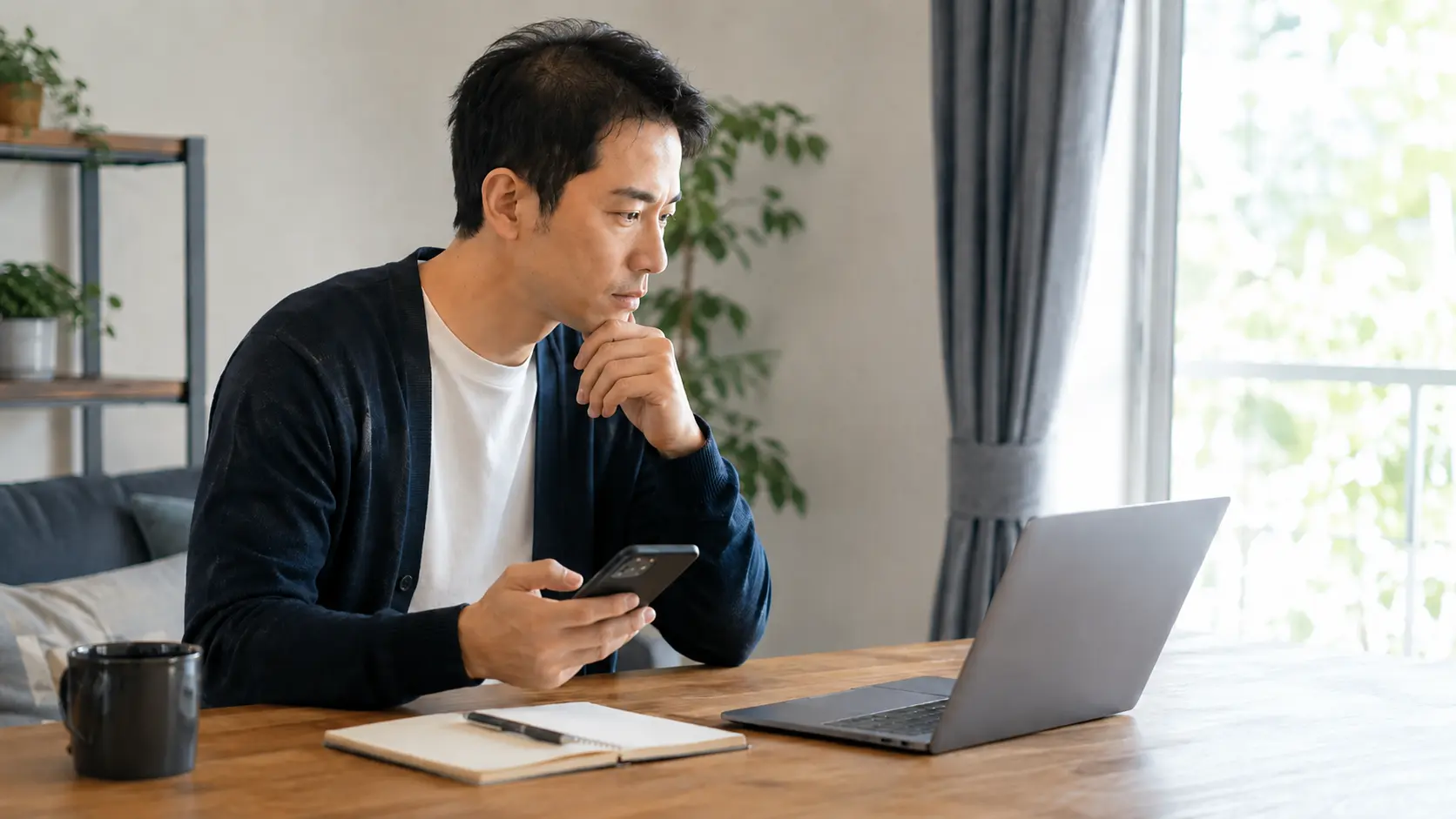 東京オンラインクリニックのAGA診療について自宅で調べる男性