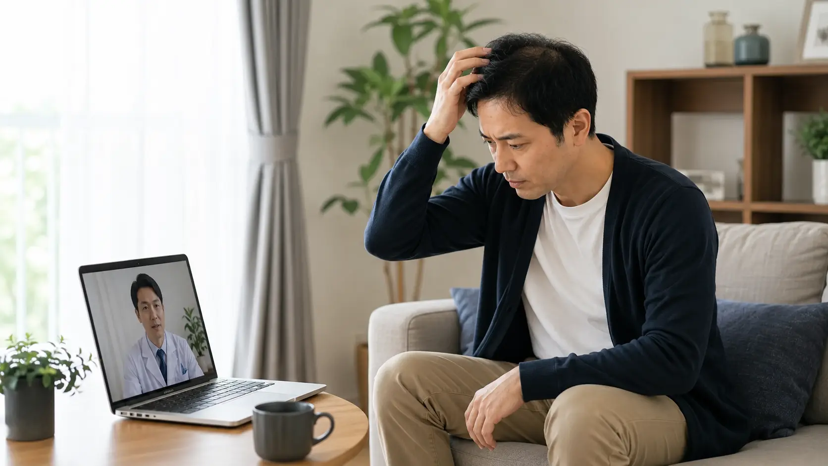 薄毛について医師へオンライン相談する男性