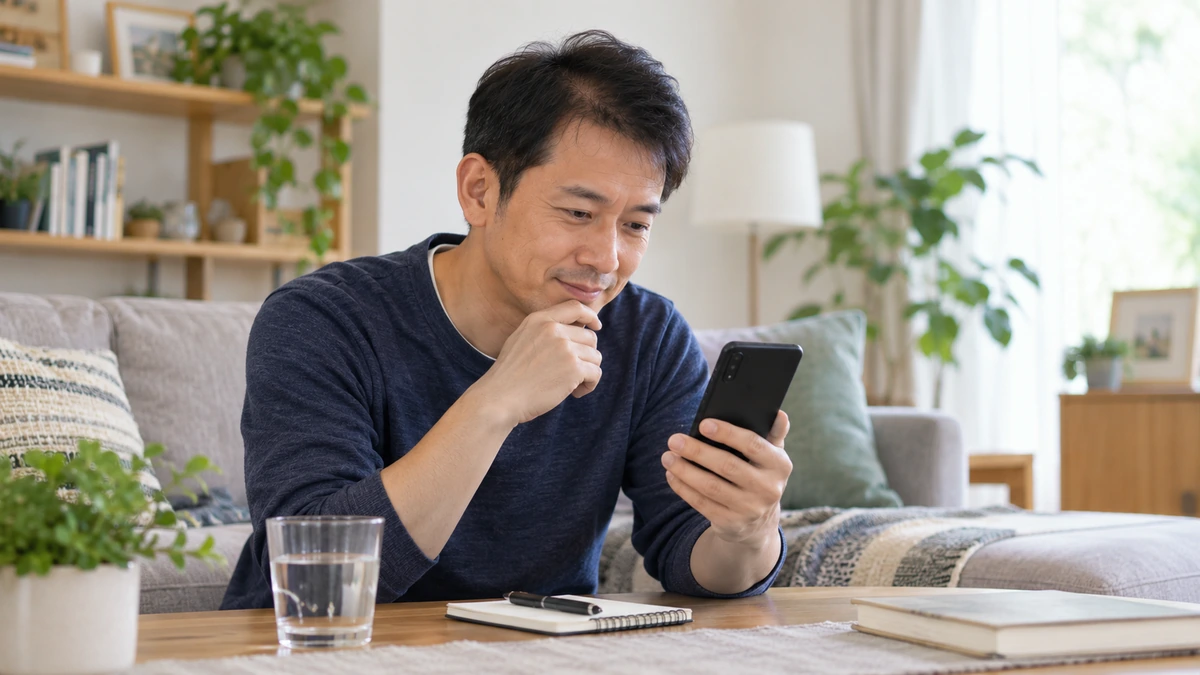 自毛植毛後にスマートフォンで経過を相談する男性