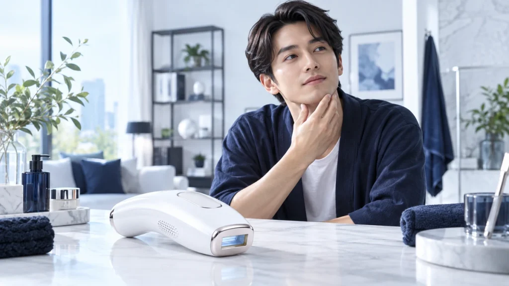 Ulikeのメンズ向け家庭用光美容器を検討する男性