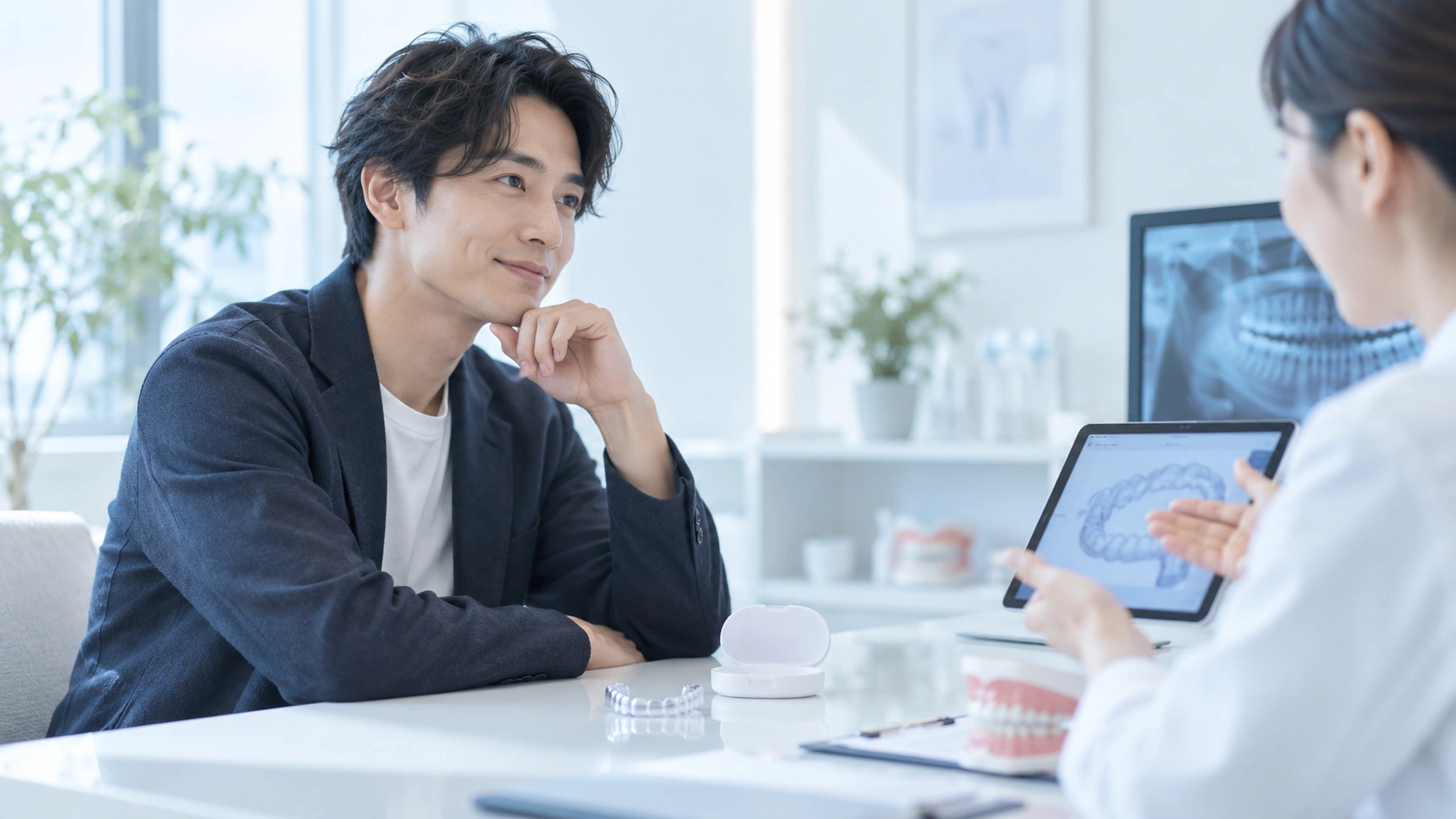 透明なマウスピース矯正を手に持つ男性