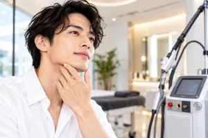 医療脱毛を検討する男性と脱毛機のイメージ