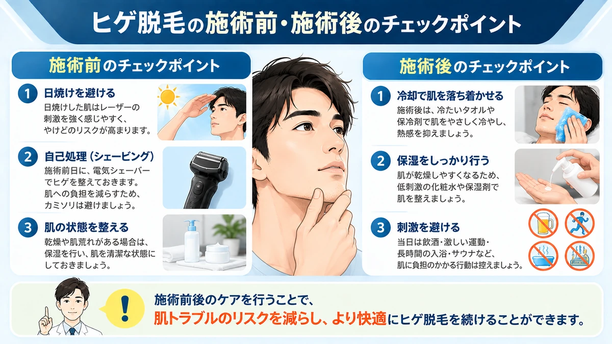 ヒゲ脱毛の施術前と施術後に確認したいケアをまとめた図解