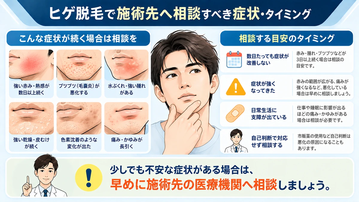 ヒゲ脱毛後に施術先へ相談したい症状の目安をまとめた図解