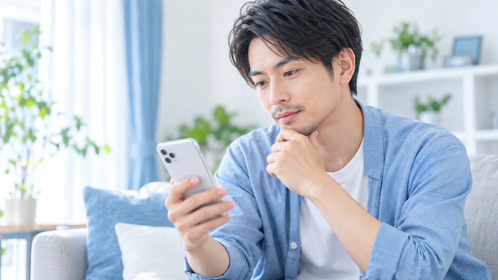 ヒゲ脱毛の料金をスマートフォンで調べる男性