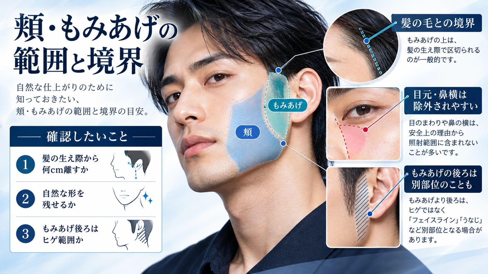頬ともみあげ・髪の生え際・うなじ側の境界を示した拡大図