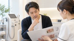 ヒゲ脱毛に使用する医療レーザー機器についてカウンセリングで相談する男性