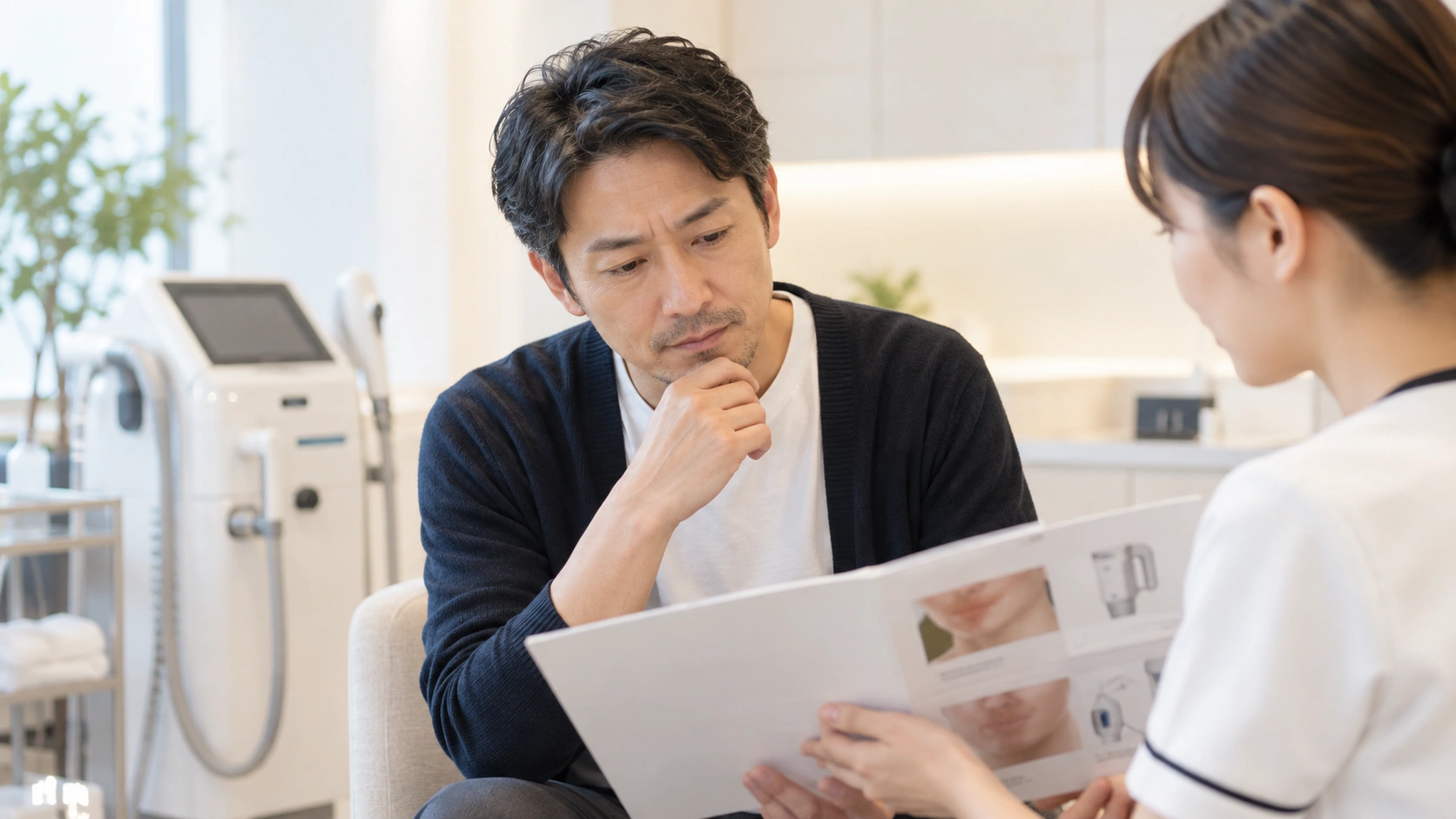 ヒゲ脱毛に使用する医療レーザー機器についてカウンセリングで相談する男性