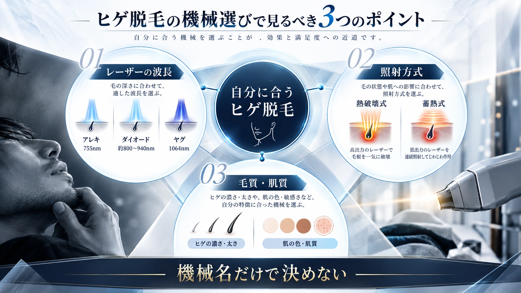 ヒゲ脱毛の機械選びで重要な波長・照射方法・毛質肌質を示した図解