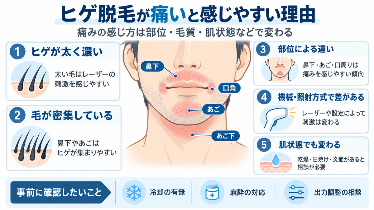 ヒゲ脱毛で痛みを感じやすい要素をまとめた図解