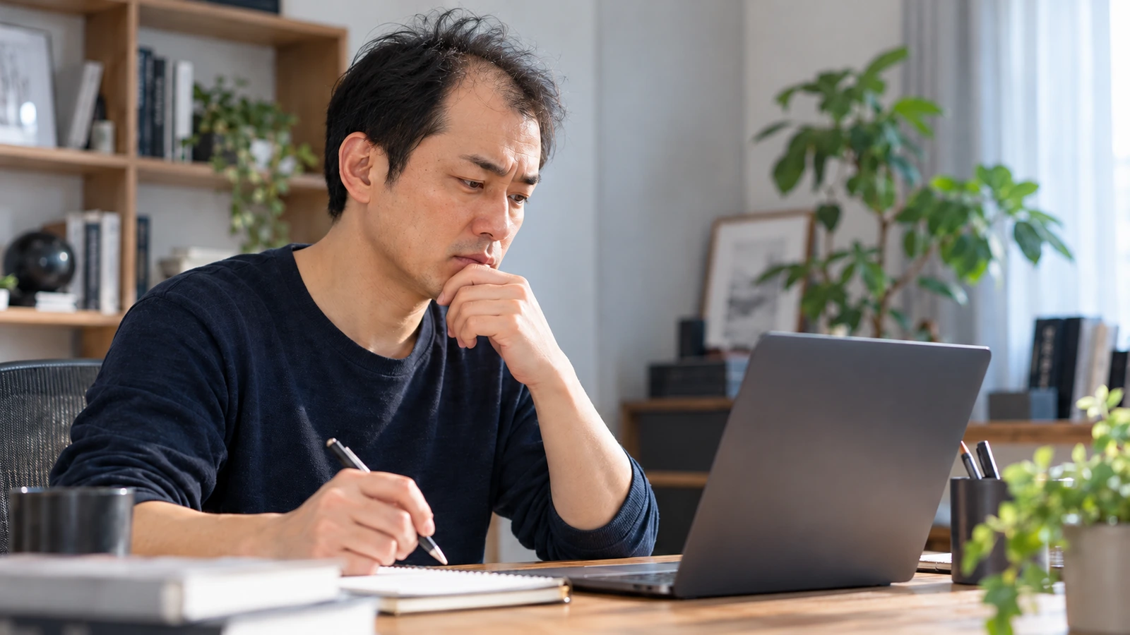 薄毛を気にしながら自毛植毛のFUEとFUTを比較検討する男性
