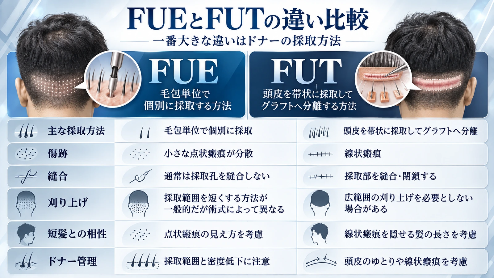 FUEとFUTの毛包採取方法を比較した医学模式図
