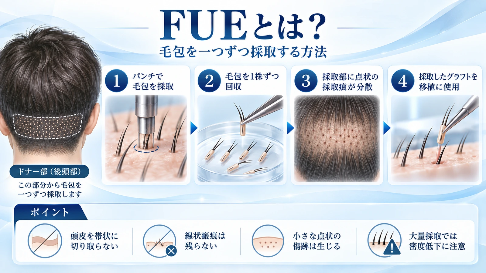 FUEで円形パンチを用いて毛包単位を個別に採取する流れの模式図