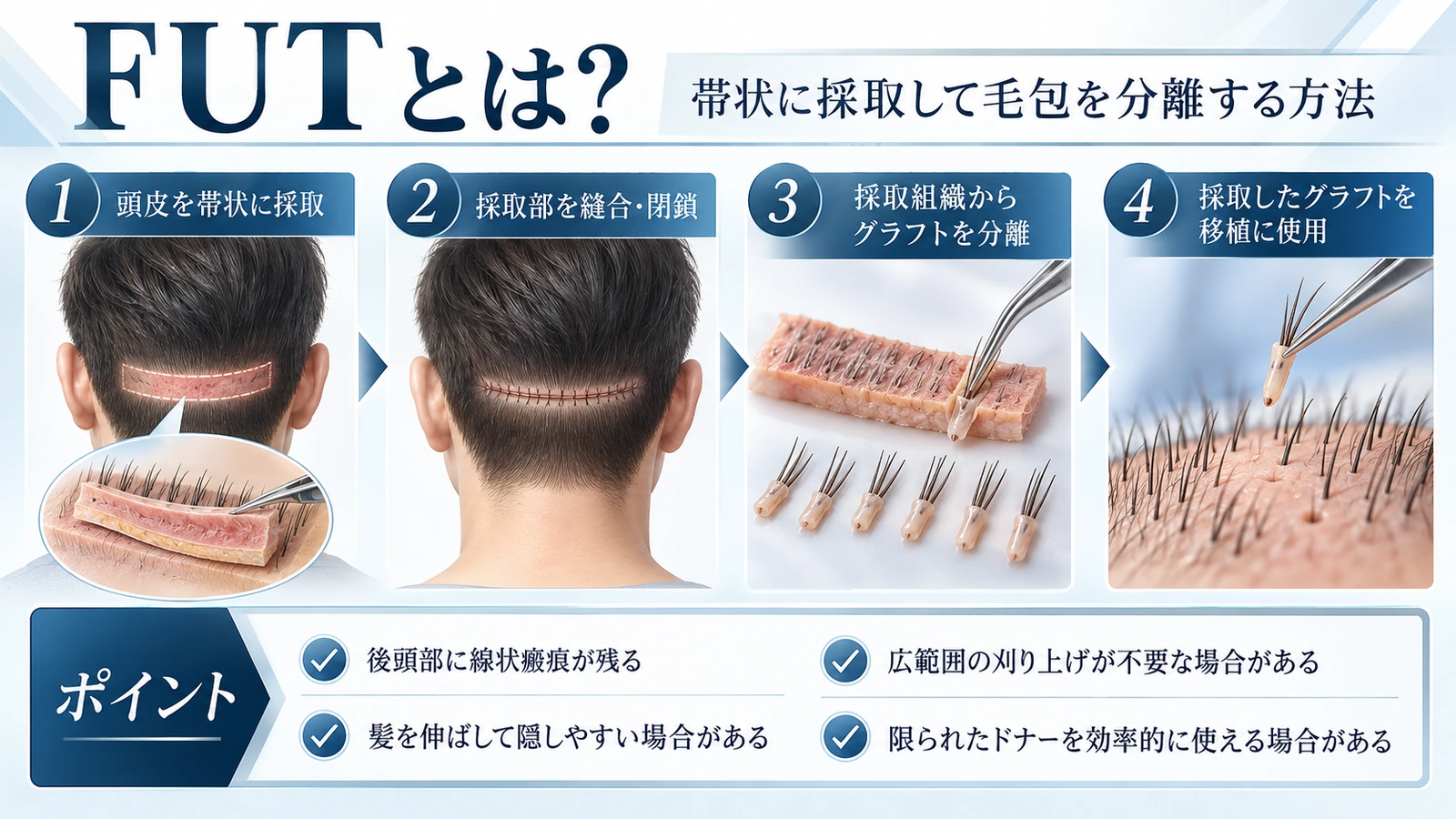FUTの帯状頭皮採取からグラフト分離までの流れを説明した図解