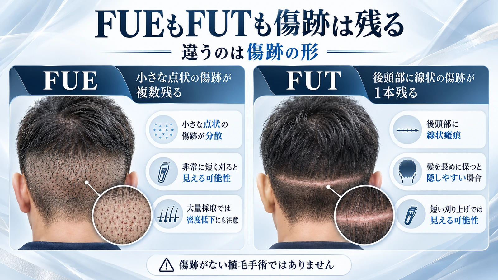 FUEの点状瘢痕とFUTの線状瘢痕を後頭部で比較した模式図