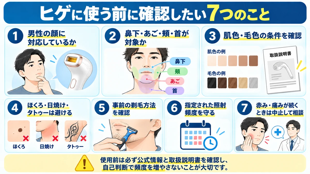 ヒゲに家庭用脱毛器を使う前に確認したい7項目をまとめた図解