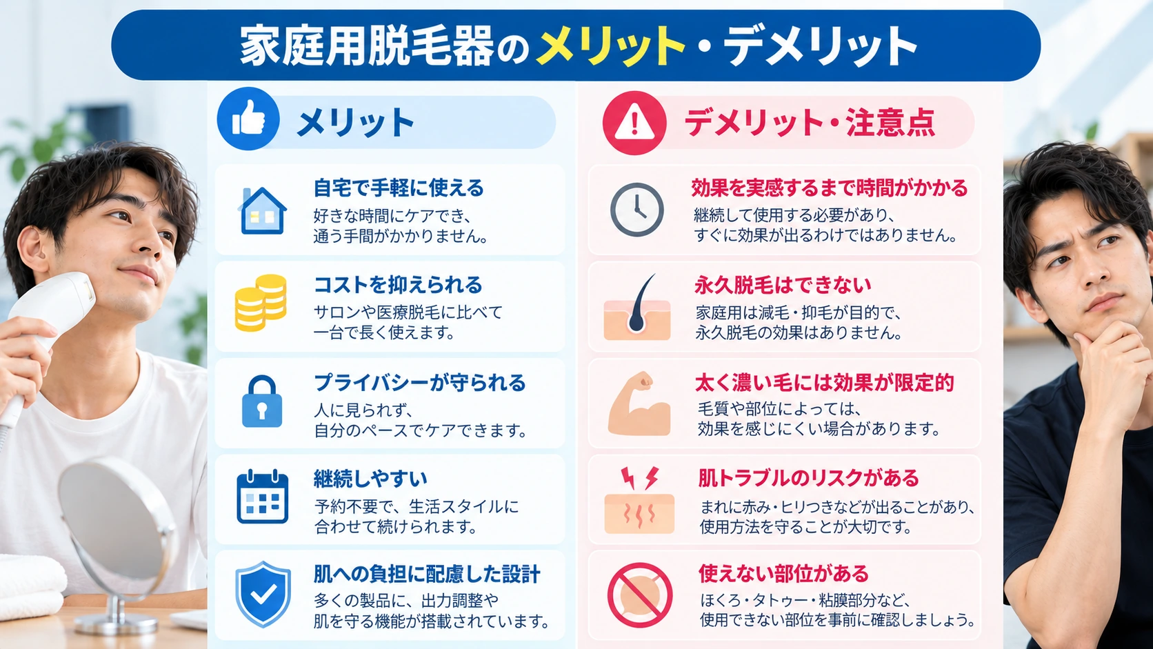 家庭用脱毛器のメリットとデメリットや注意点を比較した図解