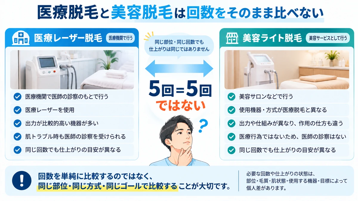 医療レーザー脱毛と美容脱毛の回数を単純比較できないことを説明した図解