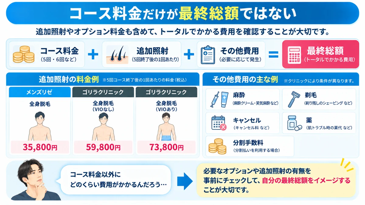 メンズ全身脱毛の追加照射や追加費用をまとめた図解