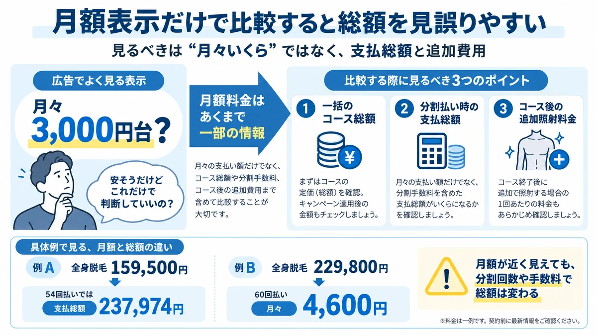 メンズ全身脱毛の月額料金と支払総額の違いを説明した図解