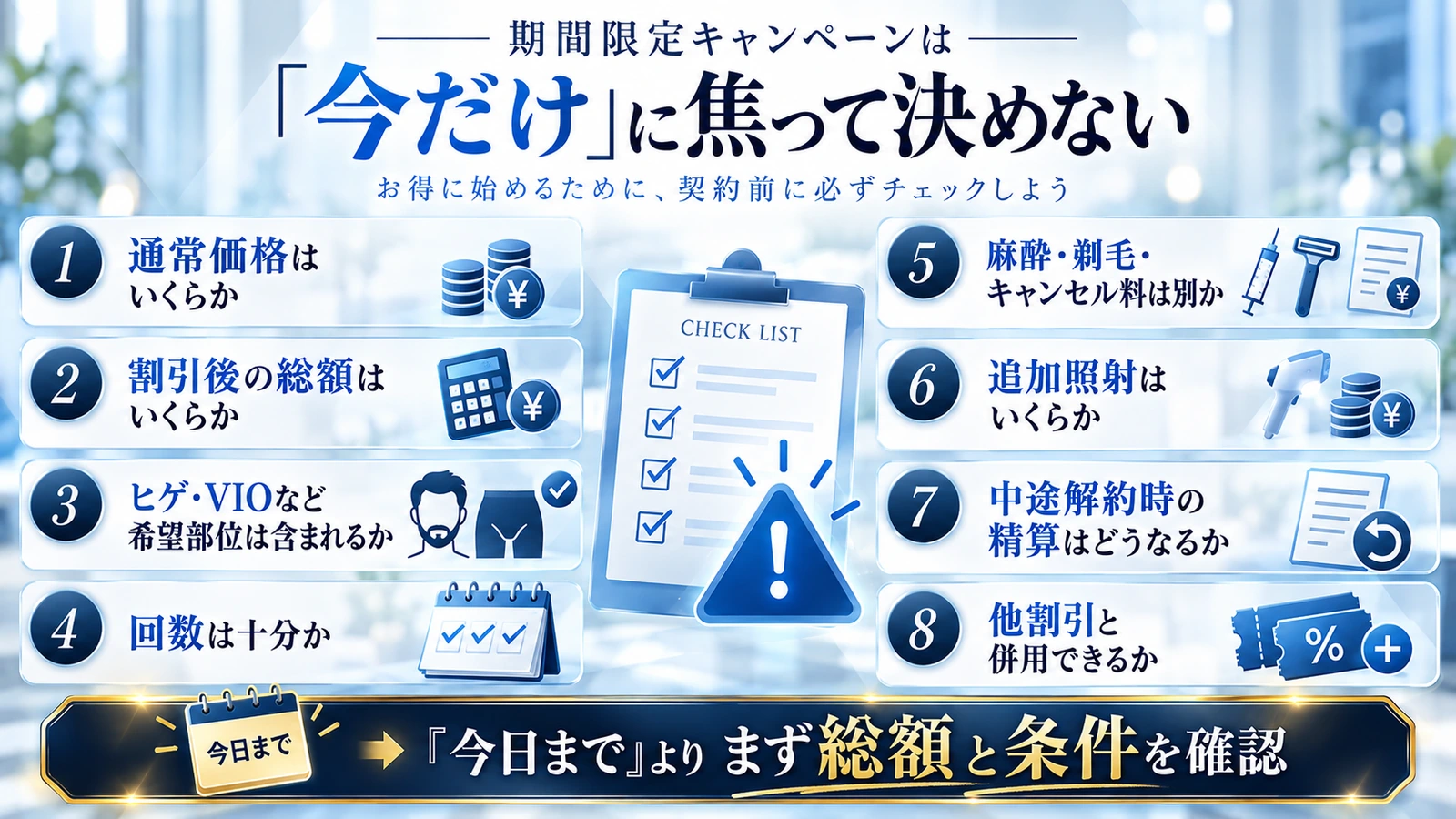 メンズ脱毛キャンペーンで確認する通常価格・総額・回数・追加費用など8項目