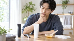 除毛クリームやボディシェーバーなど男性用ムダ毛処理用品を比較する男性