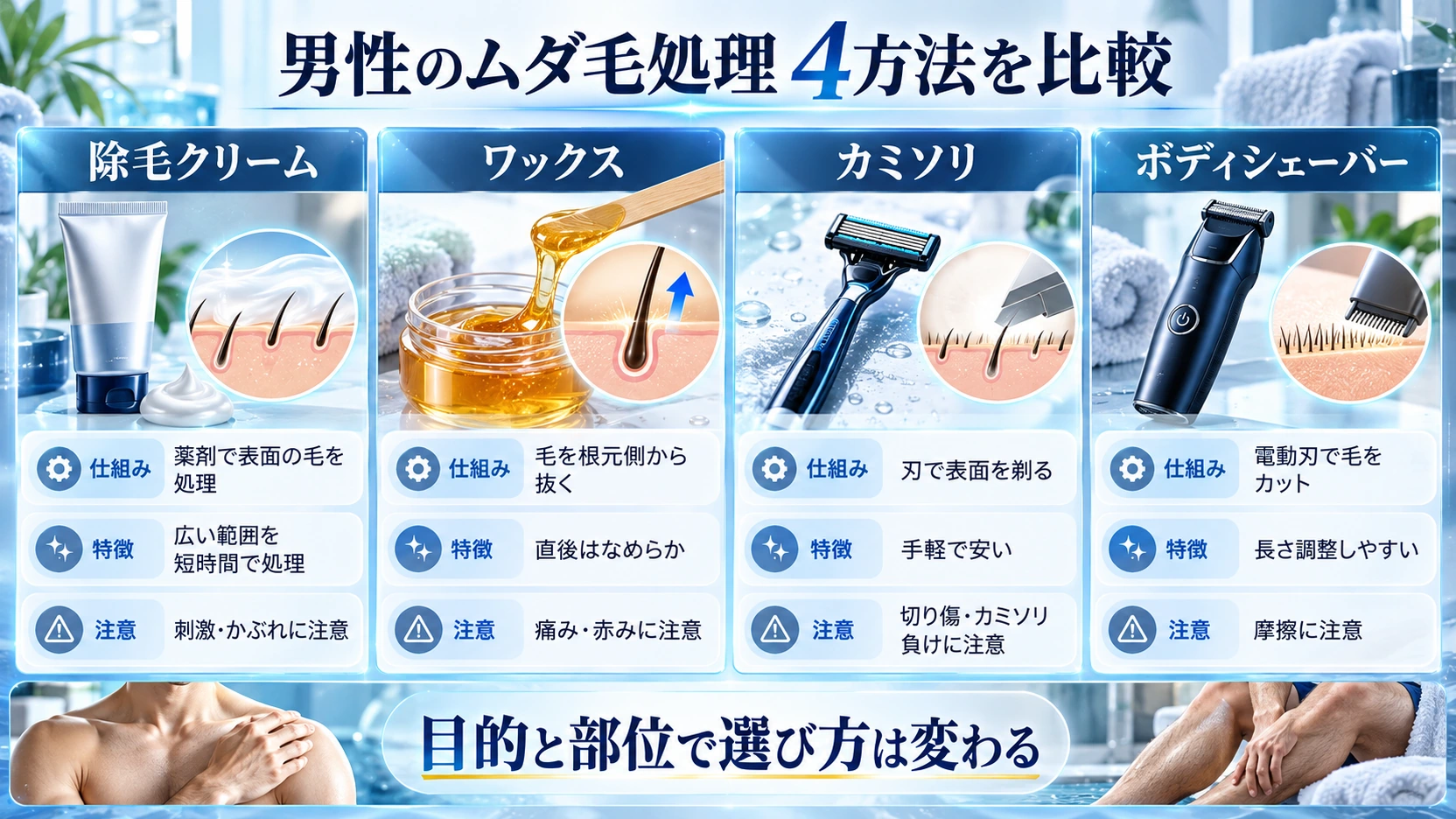 除毛クリーム、ワックス、カミソリ、ボディシェーバーの仕組みを比較した図解