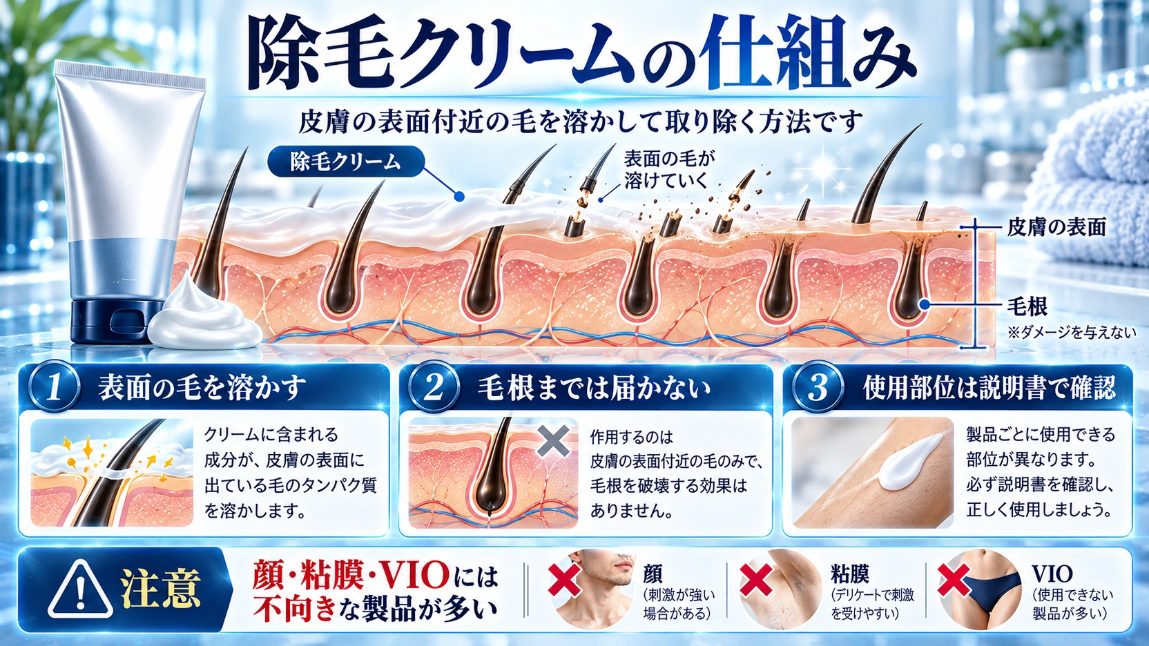 除毛クリームが皮膚表面付近の毛を処理する仕組みを説明した図解
