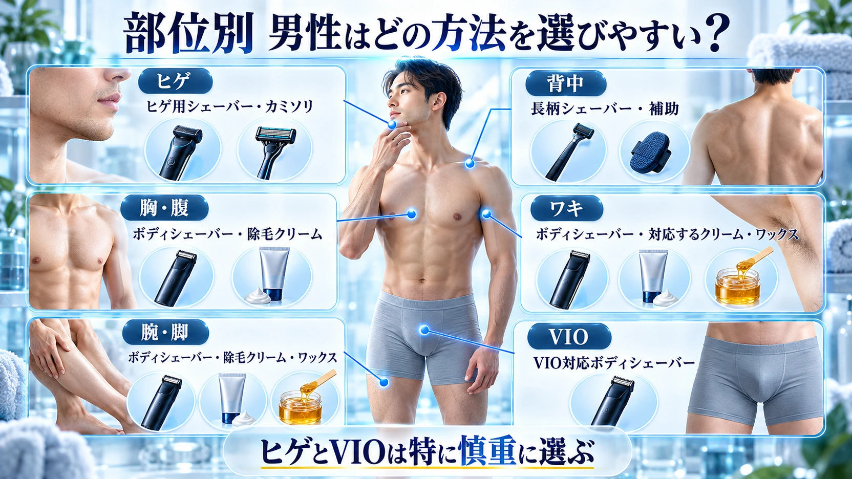 ヒゲ、腕、脚、胸、ワキ、VIO、背中の部位別ムダ毛処理方法を示した図解